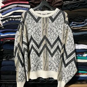Men’s Geometric Crewneck Sweater in Cream, Black & Tan